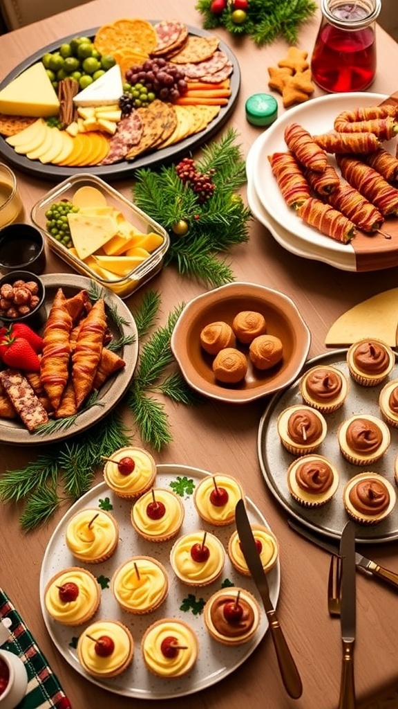 A festive keto Christmas party food spread with cheese board, jalapeño poppers, and holiday desserts.